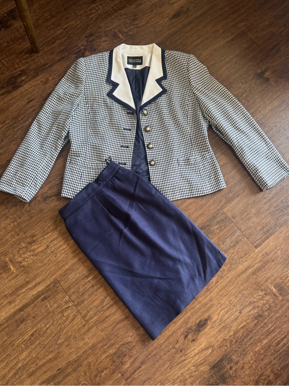 Saks Fifth Avenue Navy Houndstooth Blazer and Navy Skirt Set